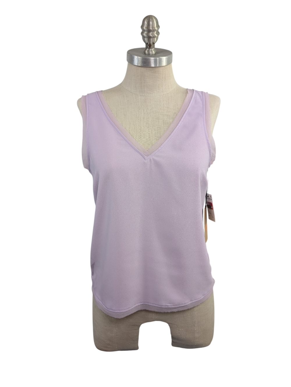 Halogen Lavender Sleeveless V-Neck Silky Top Sheer Mesh Trim Size Small